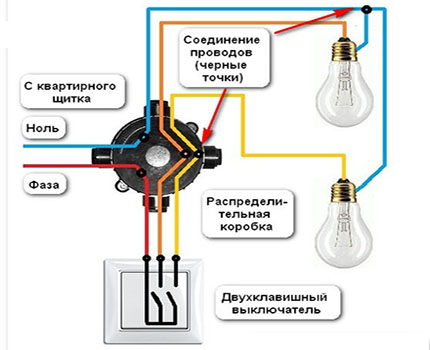 How to connect the control switch for two bulbs Connection diagram for single-phase power system