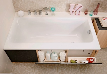 Shelves behind a mirror screen