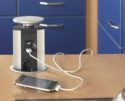 Vista embutida de soquetes e interruptores Construtos - o futuro de escritórios e cozinhas