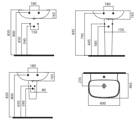 Installationsanleitung für Standwaschbecken Schematische Darstellung der Spüle mit Sockel