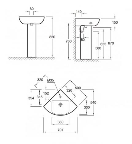 Schemes for installing a tulip sink Schemes of various models