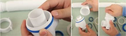 Steps for fitting seals to install a siphon onto a bathtub The process of pressing a bookmark for installing a siphon on a bath