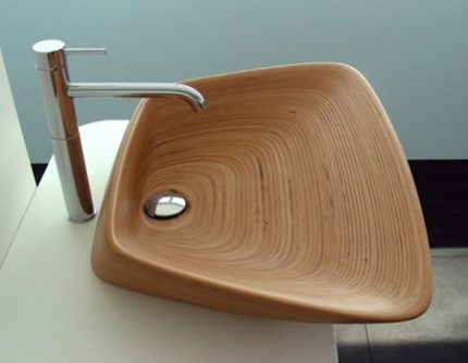 Original wooden washbasin with touch mixer Wooden sink