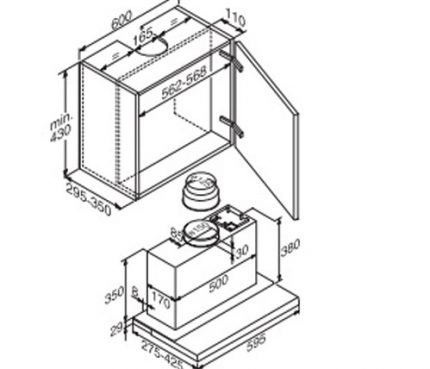 Esquema para instalação sobre um exaustor embutido no armário Exaustor embutido