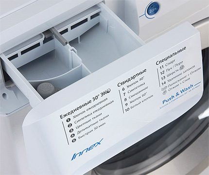 Box zum Laden von Reinigungsmitteln in eine Indesit-Waschmaschine Waschmodi einer modernen Indesit-Maschine