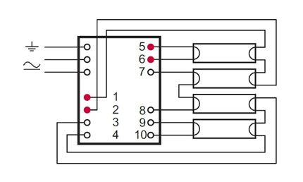 Circuit à quatre sources de lumière Connexion de quatre lampes sur ballasts électroniques