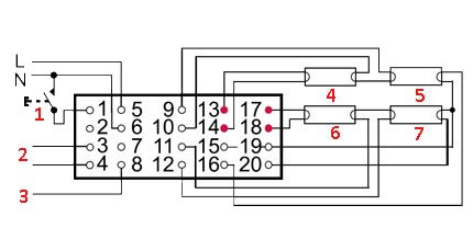 Schéma avec la possibilité d'ajuster en continu la luminosité de quatre lampes Connexion d'une lampe contrôlée