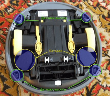 Sensores na parte inferior do limpador de robôs de Karcher Vista inferior de um aspirador de pó robótico