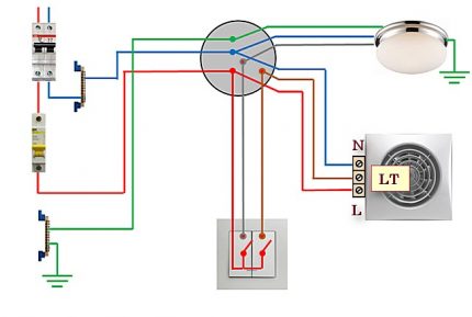 Schema zum Anschließen eines Lüfters mit einem Timer an einen 2-Tasten-Schalter